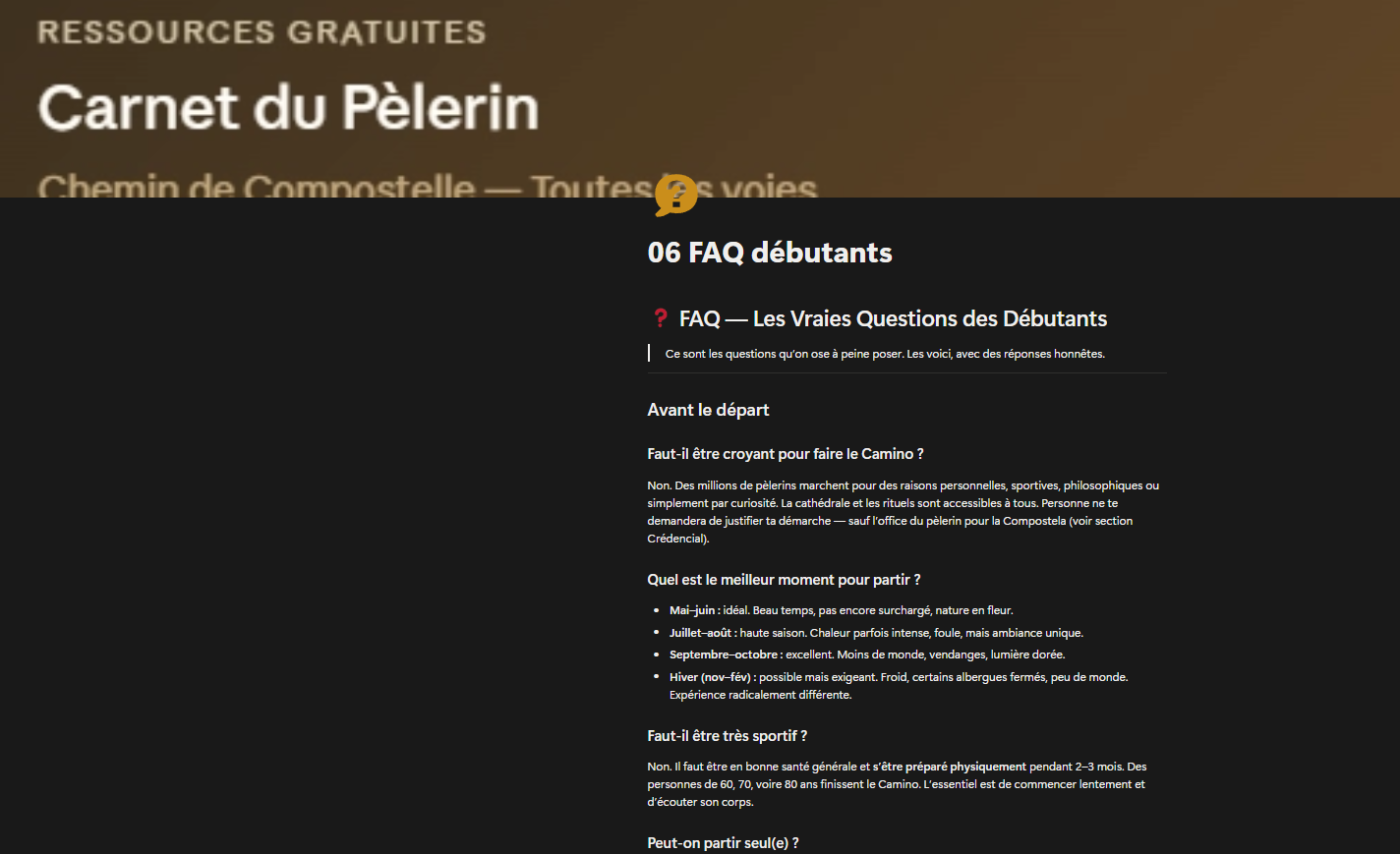 FAQ débutants du compagnon web du Carnet du Pèlerin : réponses honnêtes aux questions les plus fréquentes avant de partir sur le chemin de Compostelle