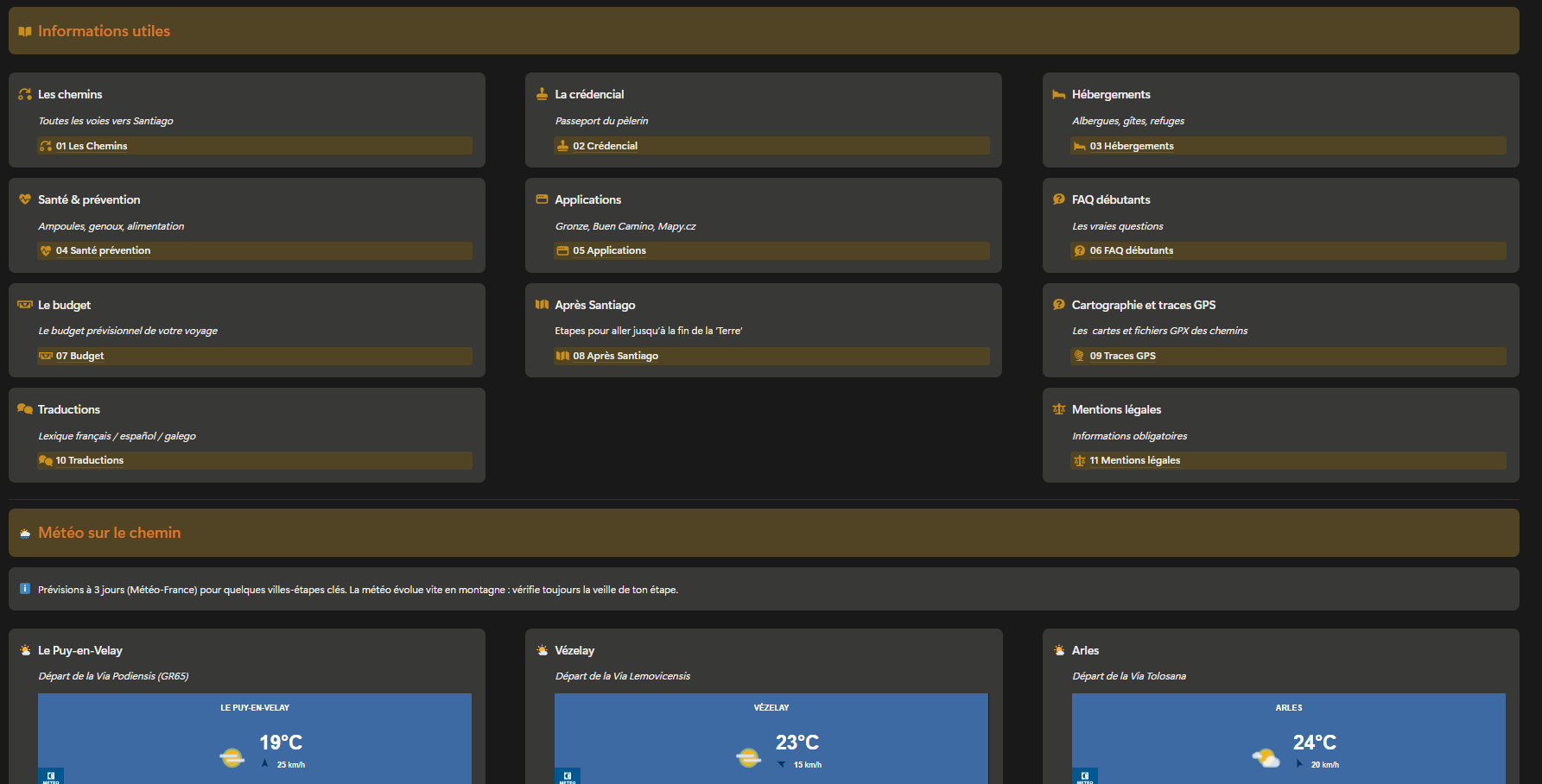 Section informations utiles du compagnon web : chemins, crédencial, hébergements, santé, applications recommandées, budget, traces GPS, traductions, météo sur le chemin
